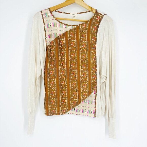 Anthropologie Tiny Sammi Sequined Puff Sleeve Boho Top Blouse Neutral XS - Picture 4 of 10